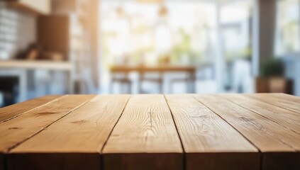 Empty wooden table in modern kitchen, blurred background