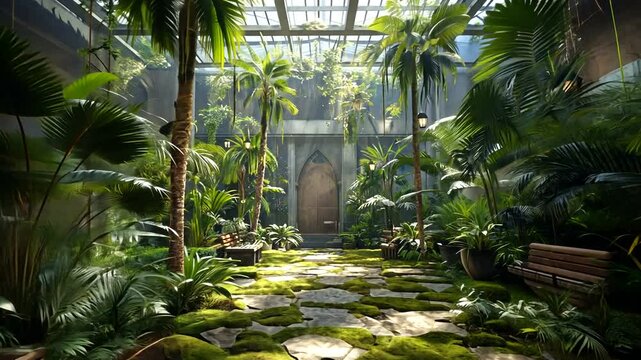 Lush indoor garden with sunlight filtering through glass roof, peaceful atmosphere with stone path
