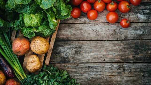 Fresh vegetables on a rustic wooden table. The vegetables include tomatoes, potatoes, and leafy greens. The setting is a rustic wooden table with a weathered appearance.
