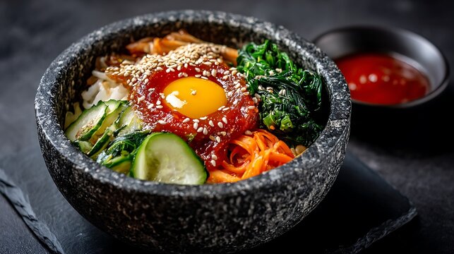 Korean vegetarian bibimbap in a stone bowl with vibrant vegetables sesame seeds and gochujang sauce minimal background real photo stock photography