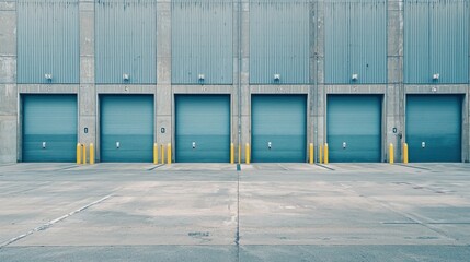 Obraz premium A row of blue industrial doors with yellow posts in front of a grey concrete wall.