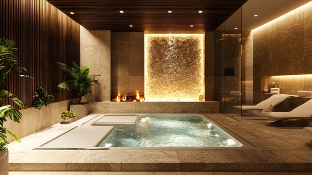 A luxurious indoor spa with a fireplace, a hot tub, and a stone wall. - Powered by Adobe