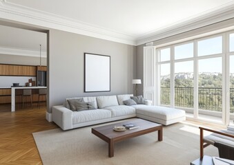 Modern living room, open plan, panoramic view,  empty frame