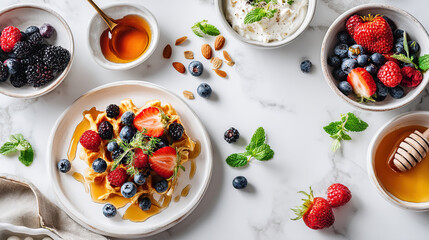 Healthy waffle breakfast with fresh berries, yogurt, honey, and nuts on a marble surface