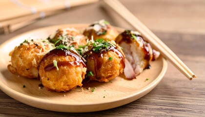 takoyaki on wooden table with chopsticks, japanese food 