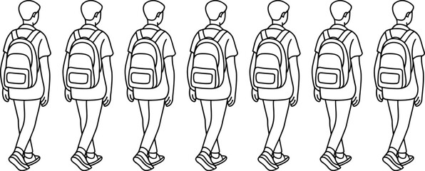 Black and white line art illustration of students walking with backpacks back to school concept art