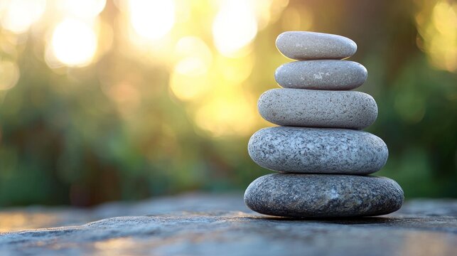A stack of five gray stones on a stone surface with a blurred green background.