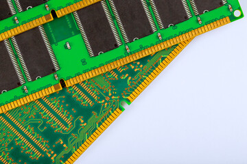 Detailed view of computer memory module emphasizing complex circuit design