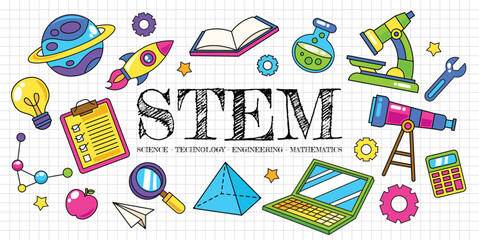 Set of hand drawn STEM education elements vector illustration