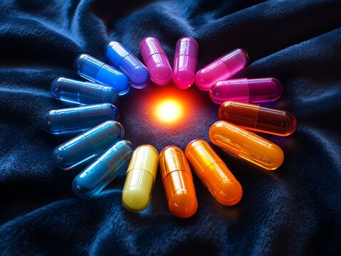 Colorful Capsules Arranged in Circle on Dark Velvet Surface with Glowing Center