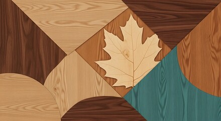 Abstract Wooden Art Geometric Wood Grain Pattern with Maple Leaf Inlay