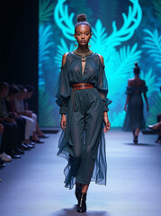 Fototapeta premium A model showcasing an elegant green outfit with sheer elements and bold accessories on a runway.