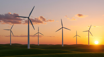 Wind Turbines on Green Hills at Sunset with Bright Sky