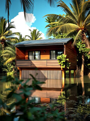 A modern wooden house on stilts surrounded by tropical vegetation and water