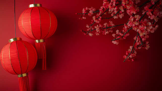 Happy Chinese new year beautiful lantern on red background Copy space 