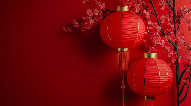 Happy Chinese new year beautiful lantern on red background Copy space 