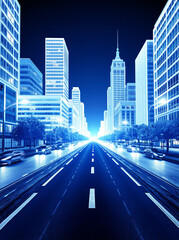 Futuristic cityscape at night, showcasing illuminated skyscrapers and a bustling urban environment.