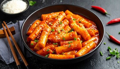 Tteokbokki or korean spicy rice cake. The image of delicious spicy tteokbokki. 