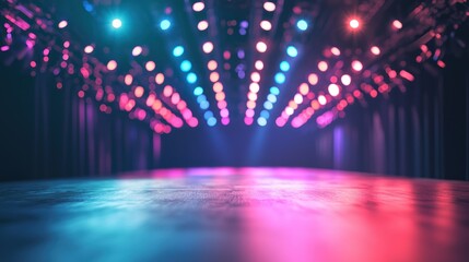 A vibrant stage with colorful lights and a blurred background, creating a dynamic and energetic atmosphere.