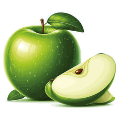 Realistic Green Apple with Slice and Leaf, Fresh Fruit Vector Illustration