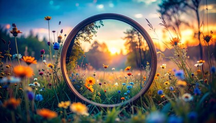 Sunset through a Circular Frame in a Wildflower Meadow