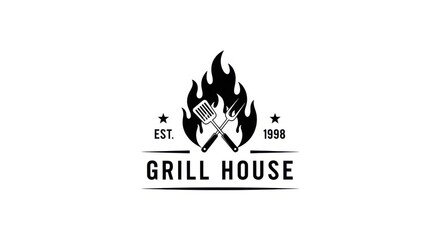 Vintage grill house logo with flames and utensils established 1998