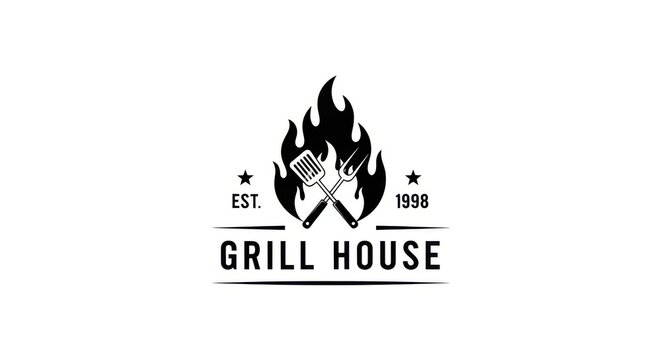 Vintage grill house logo with flames and utensils established 1998