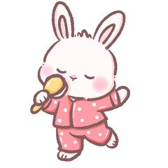 Cute Cartoon Bunny Singing and Dancing in Pajamas Holding Brush as Microphone Kawaii Rabbit Illustration Representing Fun Joy Music Playfulness and Adorable Animal Character Design Concept