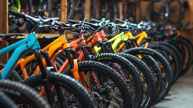 A row of colorful mountain bikes lined up in a workshop.