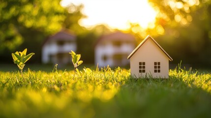 A small model house on a grassy lawn with a sunset in the background.
