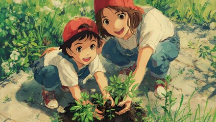 Young Girl and Boy Planting in Garden with Green Foliage and Bright Colors