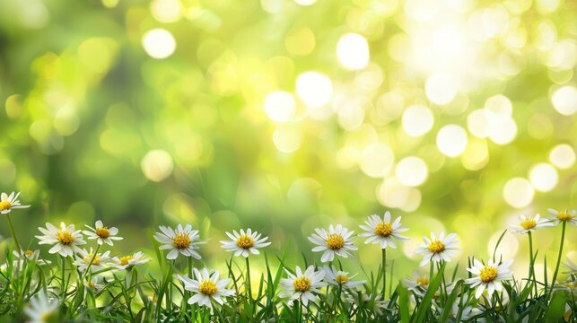A vibrant green meadow with white daisies and sunlight filtering through the leaves.
