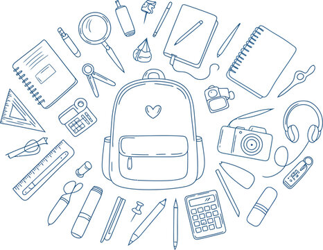 Back to school supplies doodle vector illustration with backpack and stationery elements outline drawing