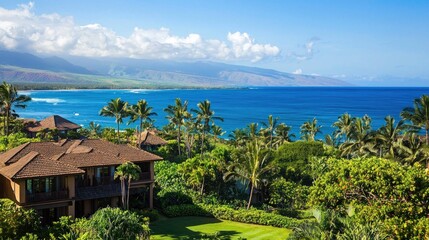 A picturesque view of a lush tropical landscape with a house and palm trees overlooking the ocean.