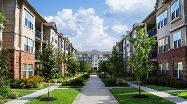A residential complex with apartment buildings and greenery in a suburban setting.