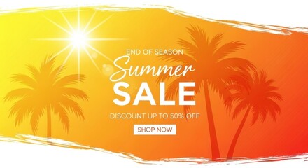 End of season summer sale with palm trees and discount offer