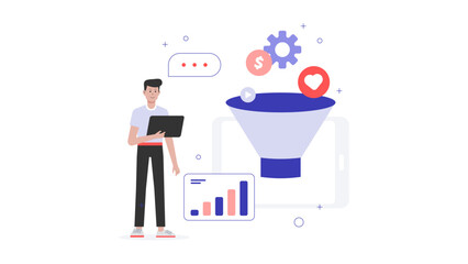 Sales Lead Updating Sales Funnel Metrics, flat vector illustration