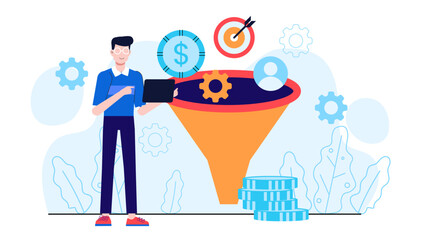Sales Lead Updating Sales Funnel Metrics, flat vector illustration