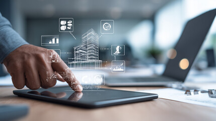 person using an online training platform with icons for different marketing tools like video, text, and images on the screen, symbolizing their use of digital tools 