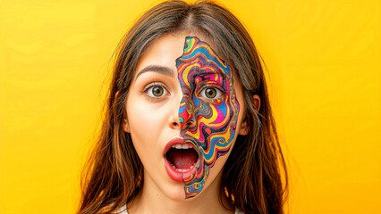 Surprised girl's face merges with vibrant cartoon fantasy