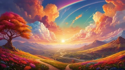 Colorful landscape. The background is filled with vibrant colors of a sunset sky, rainbow-colored hills, and blooming flowers. The scene is vibrant and eye-catching, with bright lights and creative co