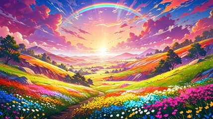Colorful landscape. The background is filled with vibrant colors of a sunset sky, rainbow-colored hills, and blooming flowers. The scene is vibrant and eye-catching, with bright lights and creative co