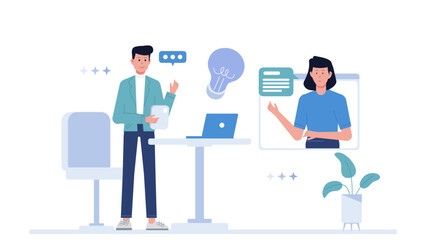 Entrepreneur Pitching Idea in Online Business Forum, flat vector illustration