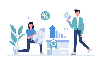 Product Group Launching New Feature Rollout, flat vector illustration