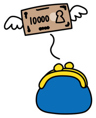 飛んでいくお金 線画イラスト ベクター