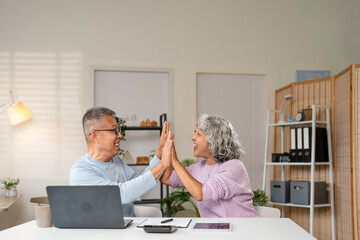 Joyful old Couple working on laptop Giving High-Five Celebrating Financial Success Sitting at ddesk...