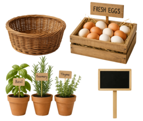 Farmers Market Display Set – Fresh Eggs, Herb Pots, and Rustic Props
