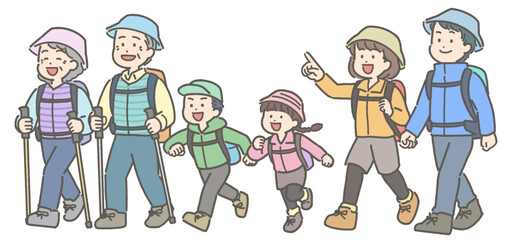 ハイキングや登山をする3世代家族のイラスト
