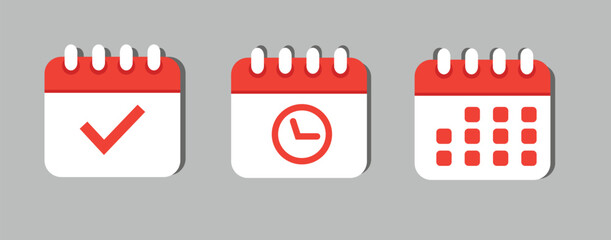 Set vector square icons page calendar - mark agenda app, time, watch, deadline, date page icon and mark done, yes, success, check, approved, confirm. Reminder, schedule line simple sign