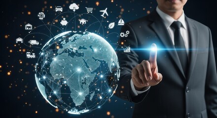 A man in a suit touching a digital globe with connected icons representing global trade network